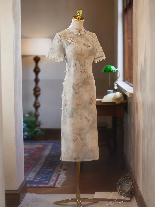 Chinese style Beige Printing Tea-length Cheongsam 2025 Trumpet / Mermaid High Neck Short Sleeve Evening Party Cheongsam / Qipao