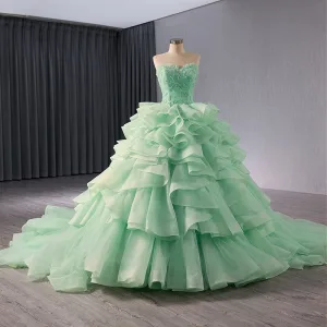 Haut De Gamme Vert Cendré Perlage Perle Paillettes Volants En Cascade Robe De Bal 2024 Robe Boule Bustier Sans Manches Dos Nu Chapel Train Promo Robe De Ceremonie