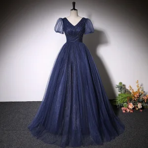 Vintage Originale Bleu Marine Perlage Paillettes Robe De Soirée 2023 Princesse V Cou Manches Courtes Dos Nu Longue Soirée Robe De Ceremonie