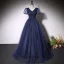 Vintage / Retro Navy Blue Beading Sequins Evening Dresses 2023 A-Line / Princess V-Neck Short Sleeve Backless Floor-Length / Long Evening Party Formal Dresses