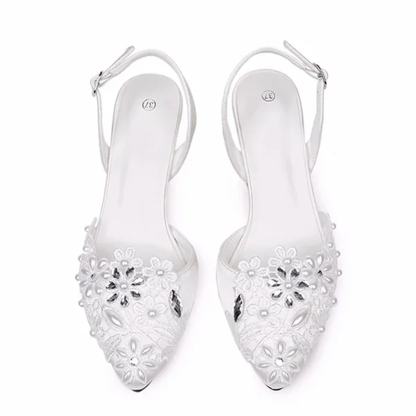 Elegant White Pearl Lace Flower Wedding Shoes 2026 6 cm Stiletto Heels Pointed Toe Wedding High Heels