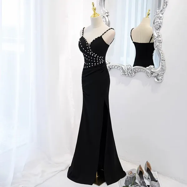 Sexy Blanche Perle Faux Diamant Fendue devant Robe De Soirée 2023 Trompette / Sirène Bretelles Spaghetti Sans Manches Dos Nu Longue Soirée Robe De Ceremonie