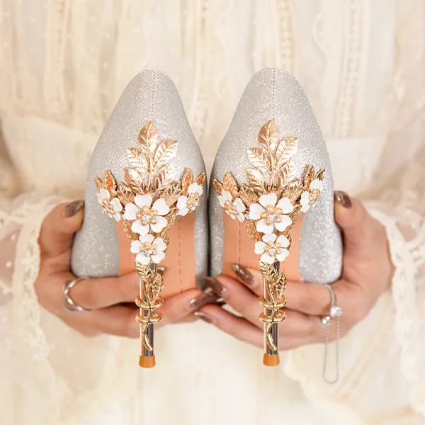 Fashion Sky Blue Rhinestone Metal Flower Bridesmaid Pumps 2022 Sequins 10 cm Stiletto Heels Pointed Toe Pumps High Heels