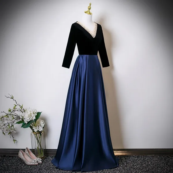 Vintage / Retro Navy Blue Rhinestone Satin Prom Dresses 2025 A-Line / Princess V-Neck Long Sleeve Backless Floor-Length / Long Formal Dresses