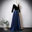 Vintage / Retro Navy Blue Rhinestone Satin Prom Dresses 2025 A-Line / Princess V-Neck Long Sleeve Backless Floor-Length / Long Formal Dresses