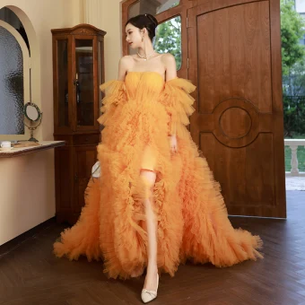 Charming Orange Pleated Prom Dresses 2023 Ball Gown Off The Shoulder Short Sleeve Backless Split Front Sweep Train Prom Formal Dresses