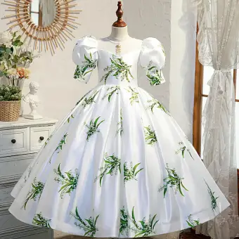 Vintage Retro Ivory Satin Birthday Sequins Printing Flower Girl Dresses 2022 Ball Gown Scoop Neck Puffy Short Sleeve Backless Floor Length Long Flower Girl Dresses