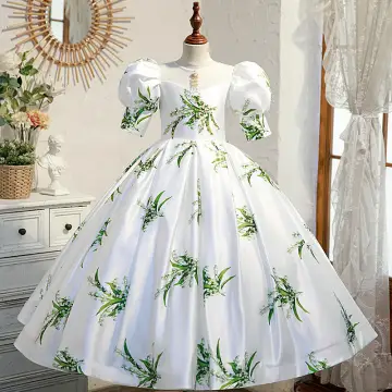 Vintage Originale Ivoire Satin Anniversaire Paillettes Impression Robe Ceremonie Fille 2022 Robe Boule Encolure Dégagée Gonflée Manches Courtes Dos Nu Longue Robe Ceremonie Fille