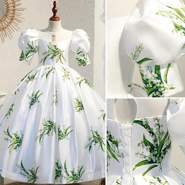 Vintage / Originale Ivoire Satin Anniversaire Paillettes Impression Robe Ceremonie Fille 2022 Robe Boule Encolure Dégagée Gonflée Manches Courtes Dos Nu Longue Robe Ceremonie Fille