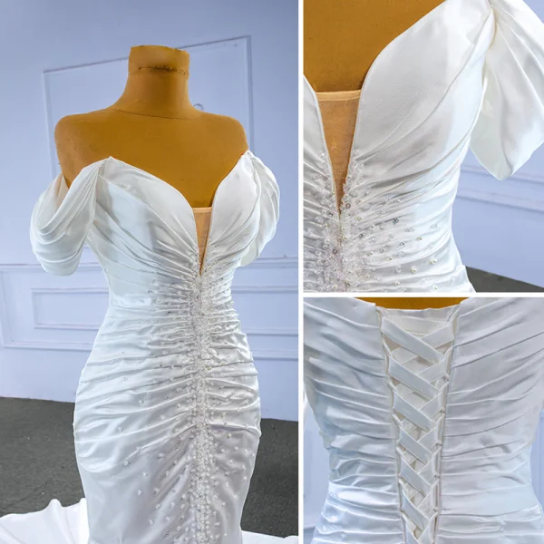 High End Weiß Perlenstickerei Perle Pailletten Satin Brautkleider / Hochzeitskleider 2023 Meerjungfrau Off Shoulder Kurze Ärmel Rückenfreies Kapelle-Schleppe Hochzeit