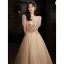 Bling Bling Charmant Champagne Paillettes Robe De Bal 2022 Princesse Encolure Carrée Manches Courtes Dos Nu Longue Robe De Ceremonie