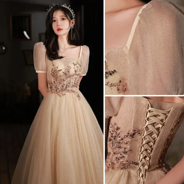 Bling Bling Charmant Champagne Paillettes Robe De Bal 2022 Princesse Encolure Carrée Manches Courtes Dos Nu Longue Robe De Ceremonie