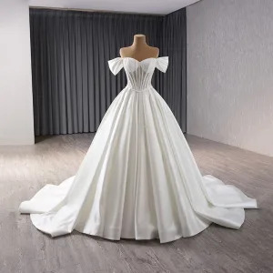 High End Elegant White Lace Satin Wedding Dresses 2024 Ball Gown Off The Shoulder Sleeveless Court Train Prom
