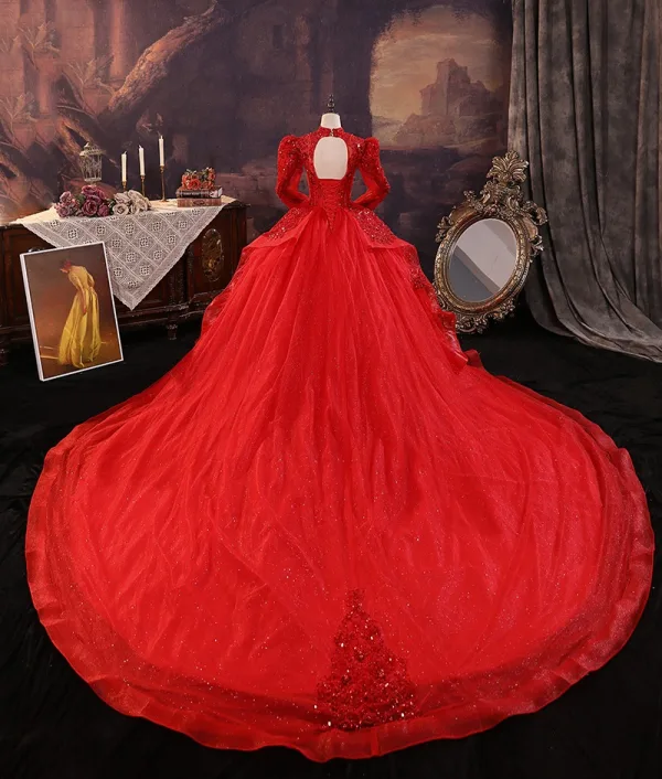Vintage / Retro Red Beading Sequins Wedding Dresses 2025 Ball Gown High Neck Long Sleeve Backless Royal Train Wedding