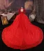 Vintage / Retro Red Beading Sequins Wedding Dresses 2025 Ball Gown High Neck Long Sleeve Backless Royal Train Wedding