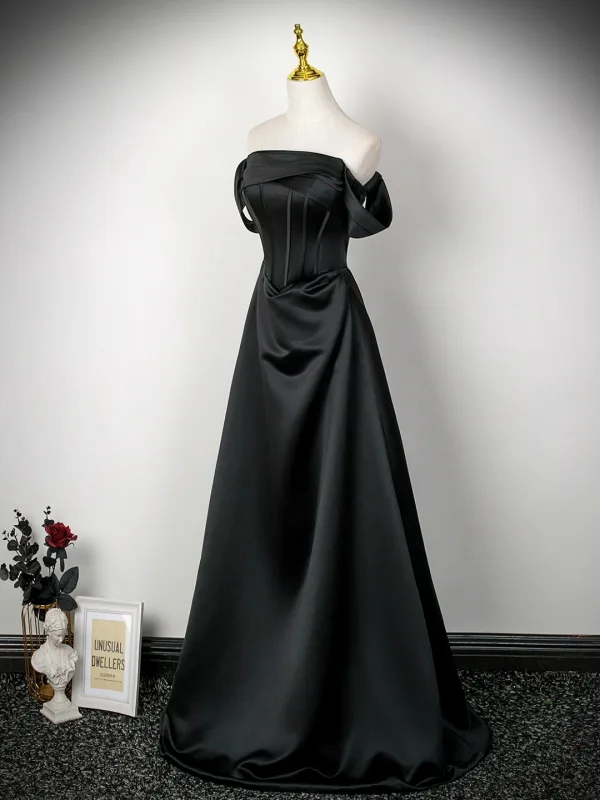 Elegant Black Prom Dresses 2025 A-Line / Princess Off-The-Shoulder Sleeveless Backless Floor-Length / Long Prom Formal Dresses