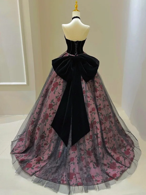 Élégant Noire Impression Robe De Bal 2025 Robe Boule Bustier Sans Manches Dos Nu Noeud Train De Balayage Promo Robe De Ceremonie