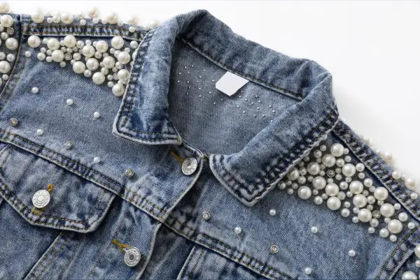 Women Beading Rhinestone Pearl Denim Sky Blue Coats & Jackets Cotton Loose Lapel Street Wear Fall Winter Long Sleeve Tops