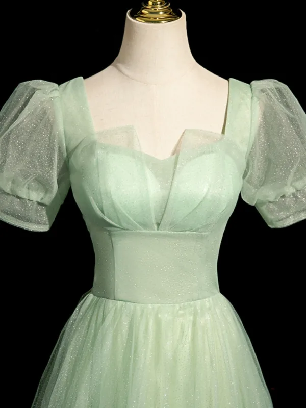 Chic / Beautiful Sage Green Glitter Prom Dresses 2024 A-Line / Princess Square Neckline Short Sleeve Backless Floor-Length / Long Prom Formal Dresses