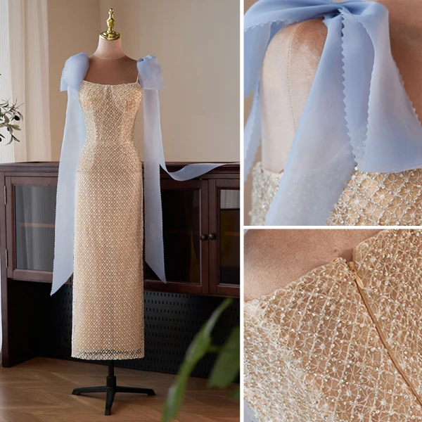 Haut de Gamme Charmant Champagne Faux Diamant Paillettes Robe De Soirée 2023 Bretelles Spaghetti Noeud Sans Manches Dos Nu Longue Soirée Robe De Ceremonie