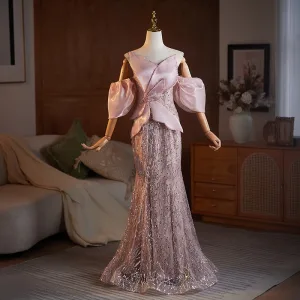 Charmant Rougissant Rose Perlage Paillettes Robe De Soirée 2025 Trompette Sirène Bustier Gonflée Manches Courtes Dos Nu Train De Balayage Soirée Robe De Ceremonie