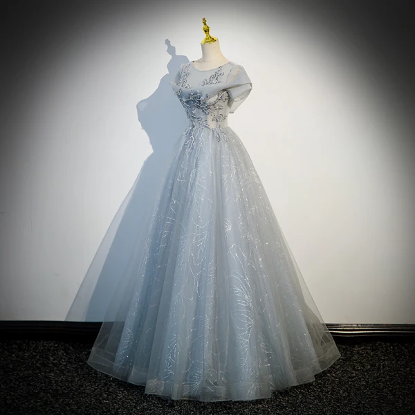 Chic / Belle Gris Argenté Perlage Paillettes Robe De Bal 2023 Princesse Encolure Dégagée Manches Courtes Dos Nu Longue Promo Robe De Ceremonie