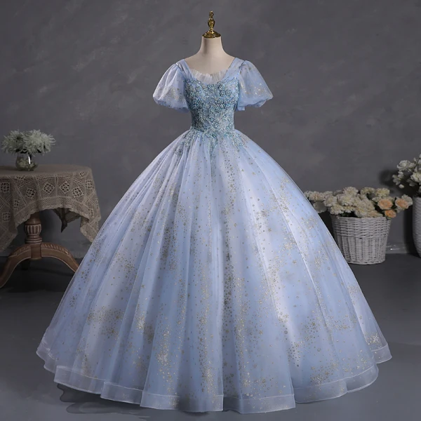 Elegant Champagne Beading Sequins Prom Dresses 2023 Ball Gown Square Neckline Puffy Short Sleeve Backless Floor-Length / Long Prom Formal Dresses