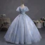 Elegant Champagne Beading Sequins Prom Dresses 2023 Ball Gown Square Neckline Puffy Short Sleeve Backless Floor-Length / Long Prom Formal Dresses
