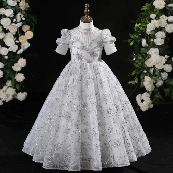 Chic Belle Gris Perlage Paillettes Perle En Dentelle Fleur Anniversaire Robe Ceremonie Fille 2024 Princesse Col Haut Manches Courtes Longue