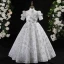 Chic / Beautiful Grey Beading Sequins Pearl Lace Flower Birthday Flower Girl Dresses 2024 A-Line / Princess High Neck Short Sleeve Floor-Length / Long