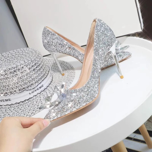Glitzernden Sexy Silber Kristall Pailletten Brautschuhe 2024 9 cm Stilettos Spitzschuh Hochzeit Pumps Hochhackige
