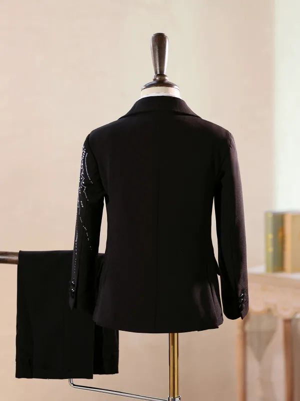 Fashion Black Rhinestone Long Sleeve 5-piece Boys Wedding Suits 2025 Coat Pants Shirt Tie Vest