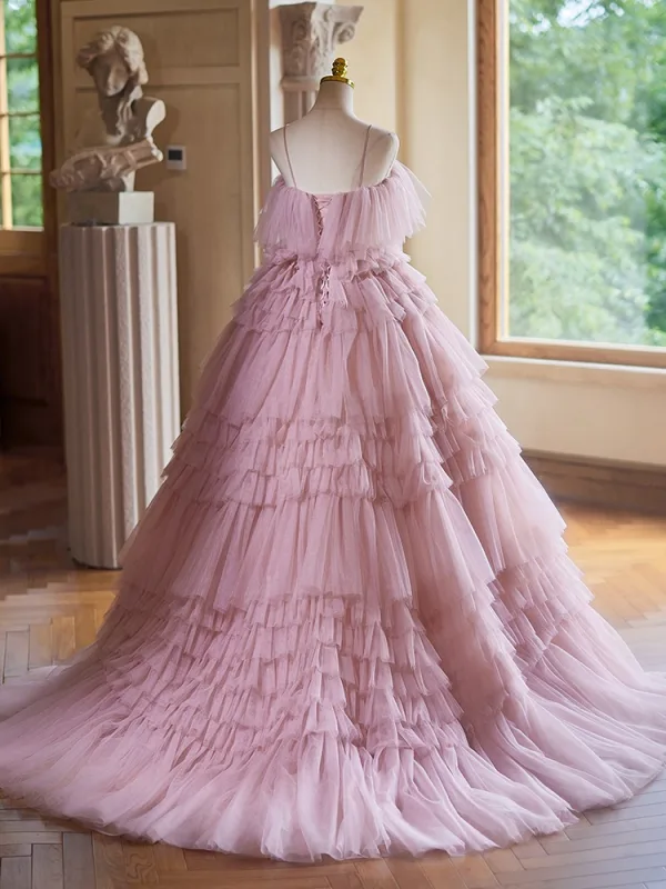Charmant Rougissant Rose Volants en Cascade Robe De Bal 2024 Robe Boule Bretelles Spaghetti Sans Manches Dos Nu Noeud Ceinture Train De Balayage Promo Robe De Ceremonie