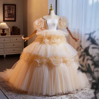 Mode Champagne Volants En Cascade Fleur Robe De Bal 2024 Robe Boule De L Épaule Manches Courtes Dos Nu Longue Promo Robe De Ceremonie