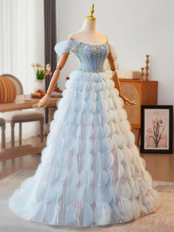 High-end Sky Blue Beading Rhinestone Cascading Ruffles Prom Dresses 2024 Ball Gown Off-The-Shoulder Sleeveless Backless Floor-Length / Long Prom Formal Dresses