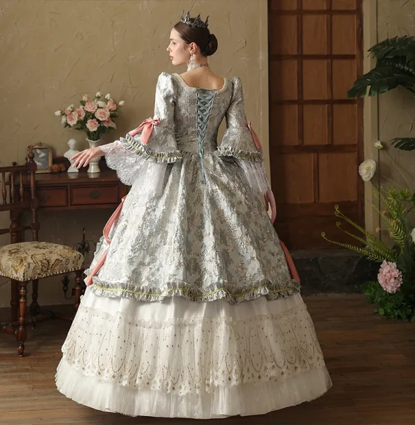 Vintage / Retro Medieval Gothic White Bow Lace Flower Prom Dresses 2024 Ball Gown Square Neckline Bell sleeves Floor-Length / Long Prom Formal Dresses