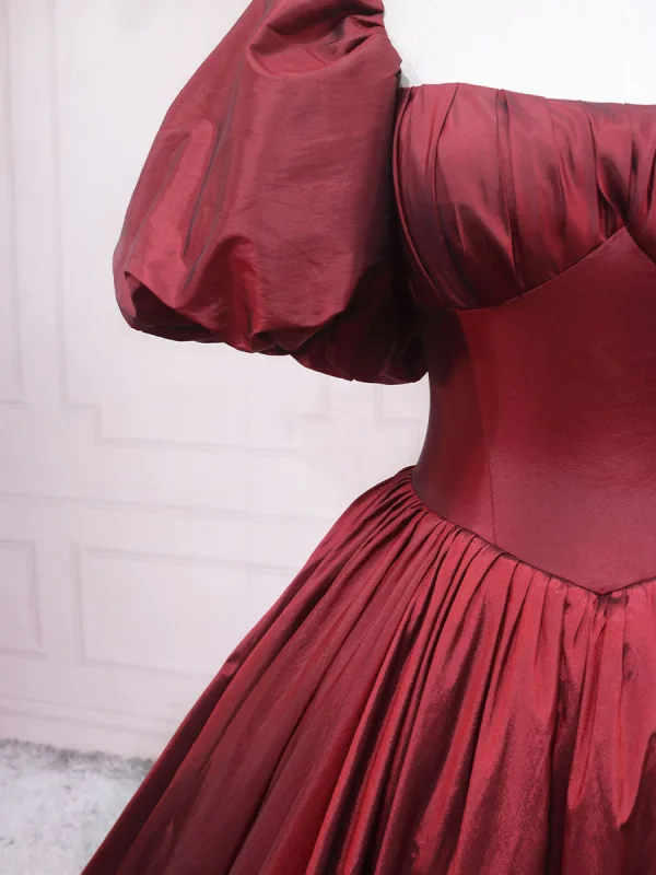Demure Burgundy Prom Dresses 2025 Ball Gown Off-The-Shoulder Puffy Short Sleeve Backless Sweep Train Prom Formal Dresses