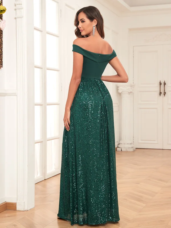 Bling Bling Dark Green Sequins Evening Dresses 2024 A-Line / Princess Off-The-Shoulder Sleeveless Backless Floor-Length / Long Evening Party Formal Dresses