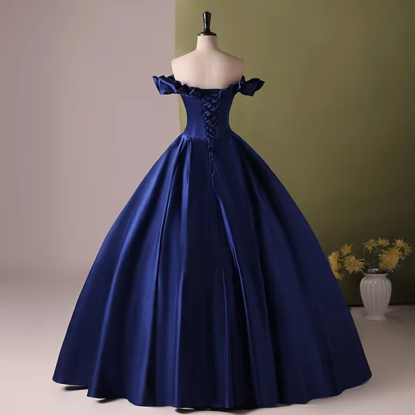 Vintage / Retro Elegant Navy Blue Satin Prom Dresses 2024 Ball Gown Off-The-Shoulder Short Sleeve Backless Floor-Length / Long Prom Formal Dresses
