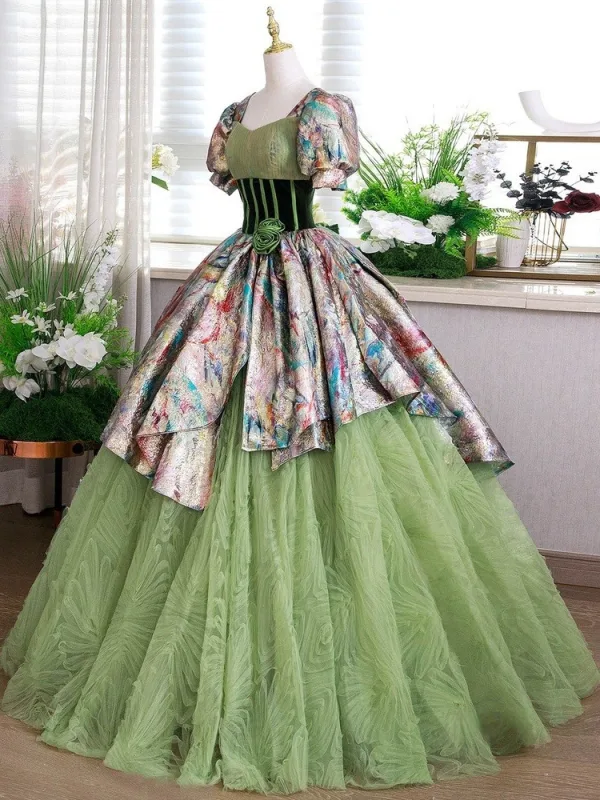 Elegante Salbeigrün Ballkleid Ballkleider 2025 Eckiger Ausschnitt Geschwollenes Kurze Ärmel Rückenfreies Lange Ball Festliche Kleider