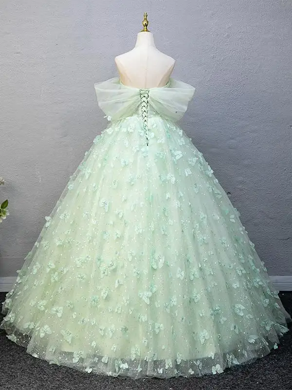 Flower Fairy Sage Green Beading Butterfly Appliques Prom Dresses 2025 Ball Gown Off-The-Shoulder Short Sleeve Backless Floor-Length / Long Prom Formal Dresses Prom Dresses