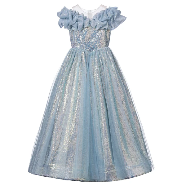 Sparkly Sky Blue Pearl Sequins Birthday Flower Girl Dresses 2023 A-Line / Princess Scoop Neck Short Sleeve Floor-Length / Long Flower Girl Dresses