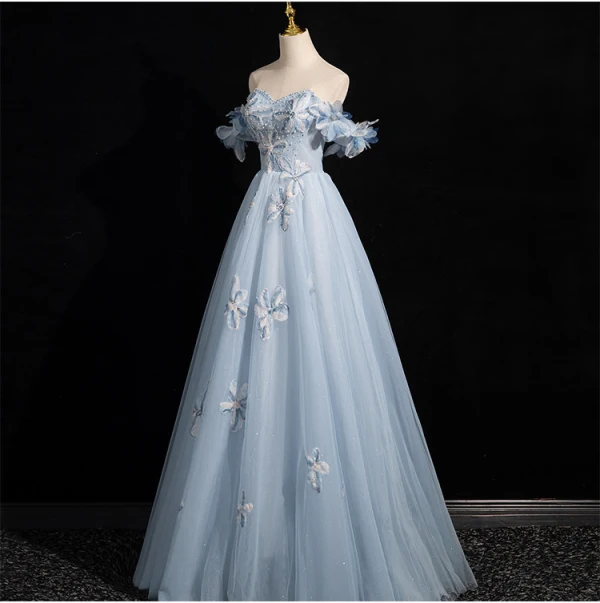 Chic / Beautiful Sky Blue Beading Appliques Prom Dresses 2024 A-Line / Princess Off-The-Shoulder Sleeveless Backless Floor-Length / Long Prom Formal Dresses
