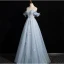 Chic / Beautiful Sky Blue Beading Appliques Prom Dresses 2024 A-Line / Princess Off-The-Shoulder Sleeveless Backless Floor-Length / Long Prom Formal Dresses