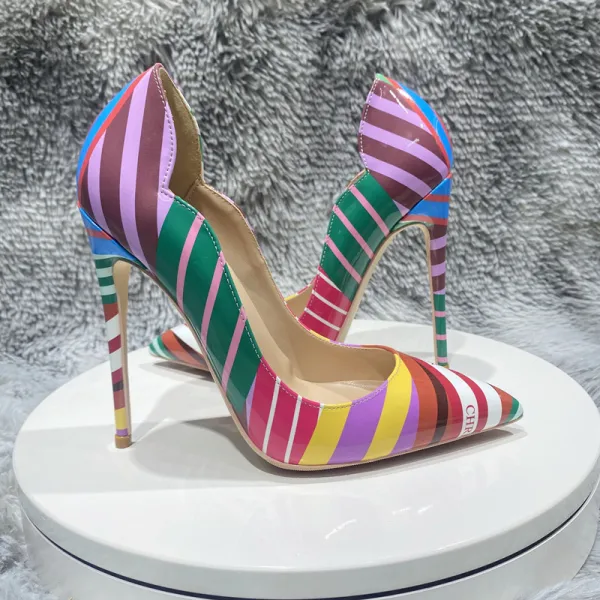 Unusual Multi-Colors Stripe Prom Pumps 2023 Patent Leather 12 cm Stiletto Heels Pointed Toe Pumps High Heels