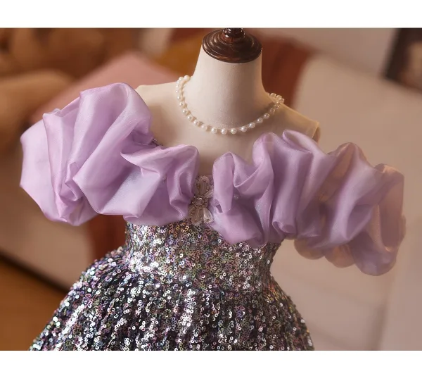 Sparkly Multi-Colors Sequins Lavender Birthday Flower Girl Dresses 2025 Ball Gown Ruffle Off-The-Shoulder Short Sleeve Backless Floor-Length / Long