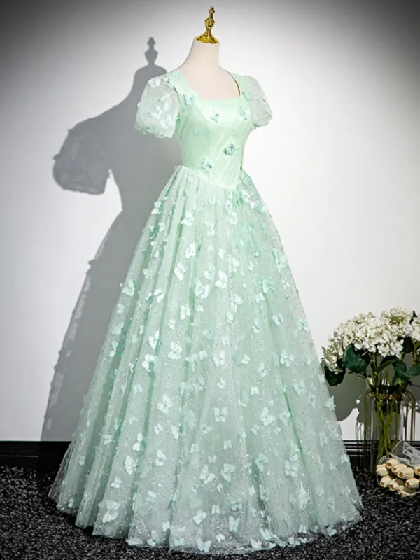 Chic / Belle Vert Cendré Papillon Appliques Paillettes Robe De Bal 2024 Robe Boule Encolure Carrée Manches Courtes Dos Nu Longue Promo Robe De Ceremonie