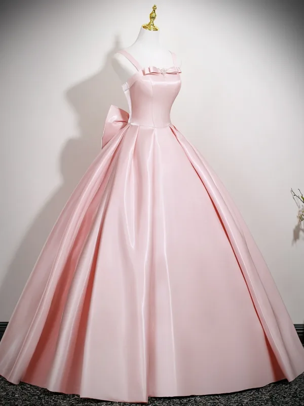Schön Rosa Satin Ballkleider 2025 Ballkleid Eckiger Ausschnitt Ärmellos Rückenfreies Schleife Lange Festliche Kleider