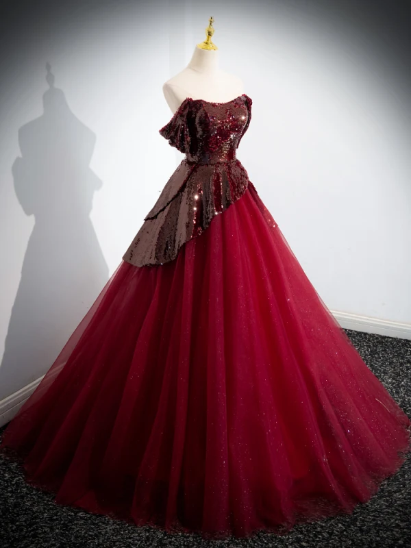 Chic / Belle Bordeaux Paillettes Robe De Bal 2024 Robe Boule Bustier Sans Manches Dos Nu Longue Promo Robe De Ceremonie