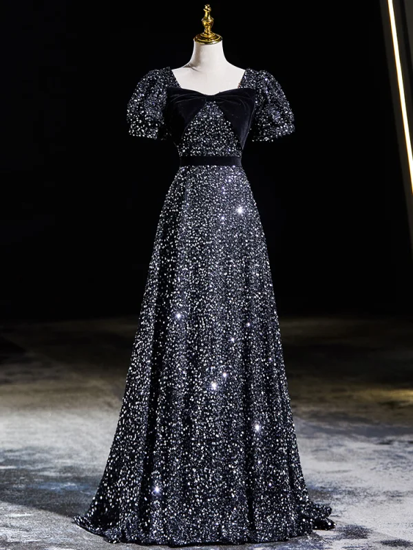 Scintillantes Noire Paillettes Robe De Bal 2024 Princesse Encolure Carrée Noeud Manches Courtes Dos Nu Longue Promo Robe De Ceremonie